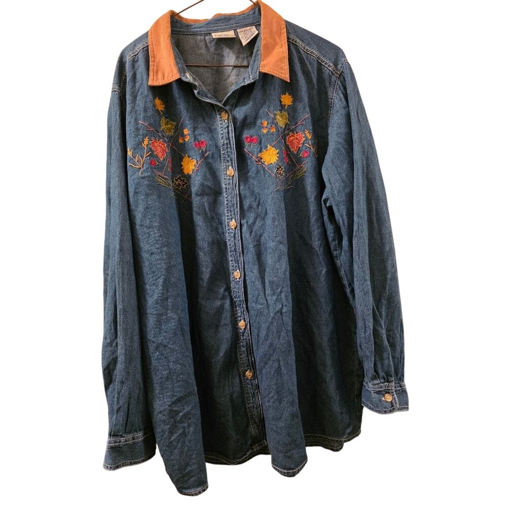 Vtg 90s Denim Button Down Shirt Womens L Patchwork Fall Leaf Embroidered